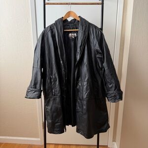 Vintage Black Leather Long Open Coat
